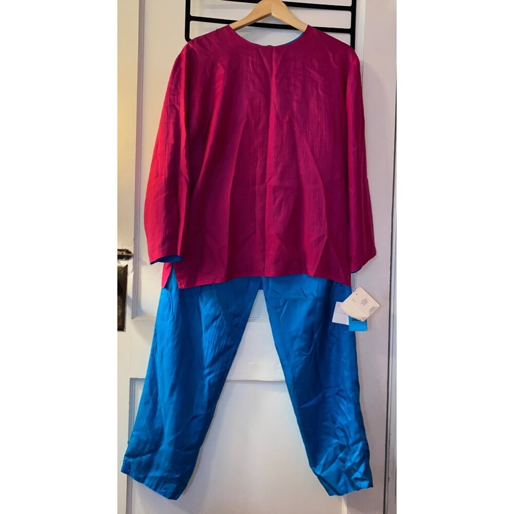 Vintage Weinstocks 100% Silk Reversible Blouse Pants Suit Fuschia Peacock Medium